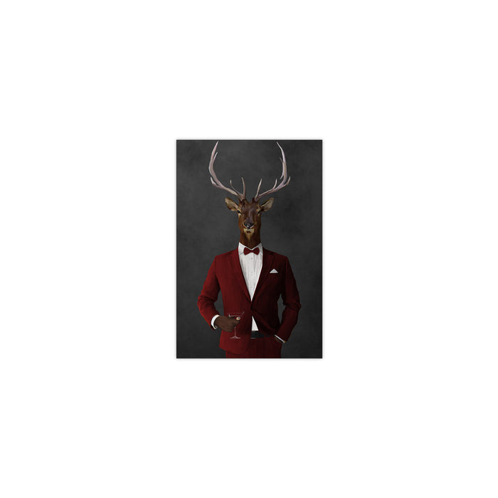 Elk drinking martini wearing red suit small wall art print