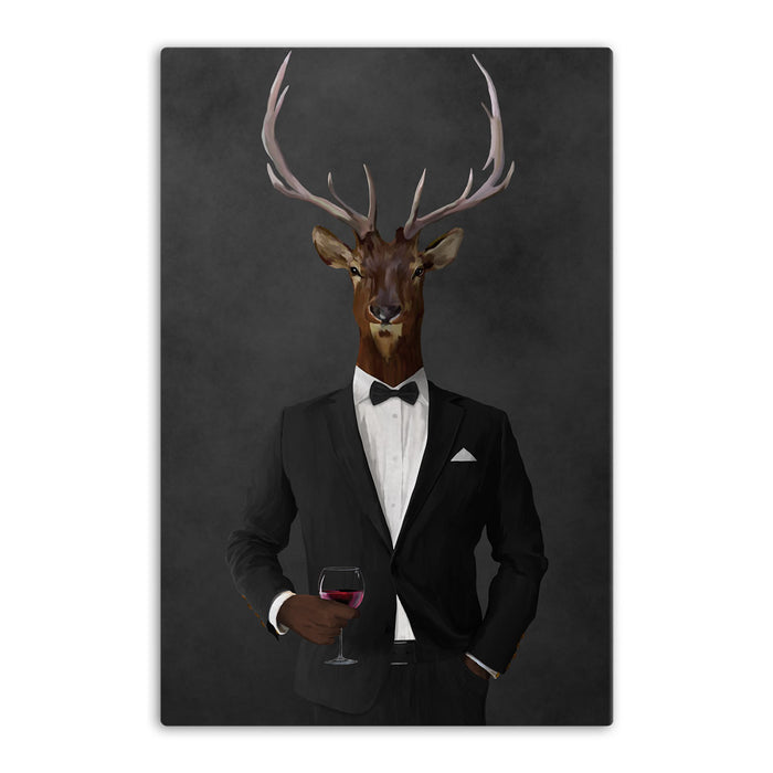 Elk drinking red wine wearing black suit canvas wall art