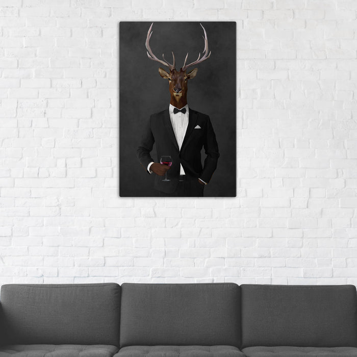 Elk Drinking Red Wine Wall Art - Black Suit