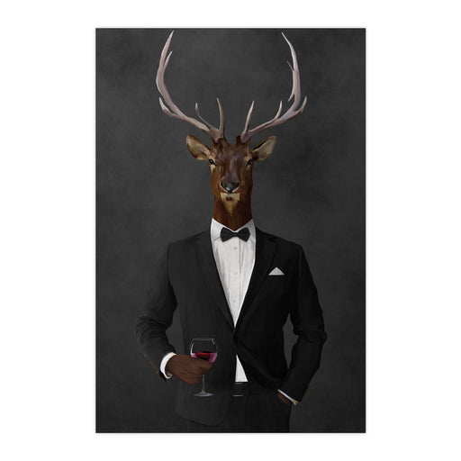 Elk drinking red wine wearing black suit large wall art print