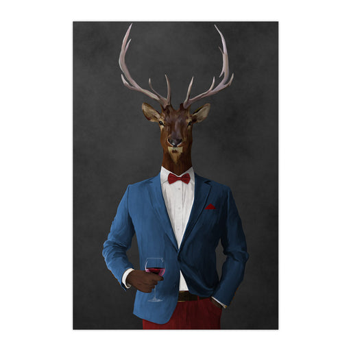 Elk drinking red wine wearing blue and red suit large wall art print
