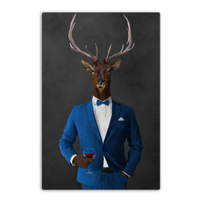 Elk drinking red wine wearing blue suit canvas wall art