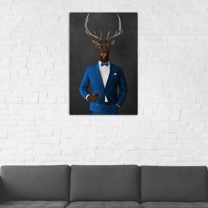 Elk Drinking Red Wine Wall Art - Blue Suit