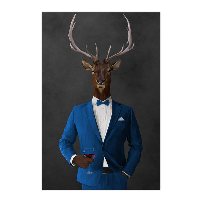 Elk drinking red wine wearing blue suit large wall art print