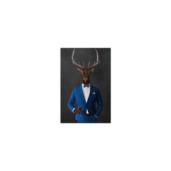 Elk drinking red wine wearing blue suit small wall art print