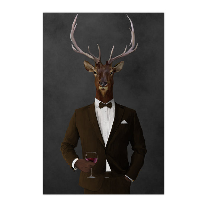 Elk drinking red wine wearing brown suit large wall art print