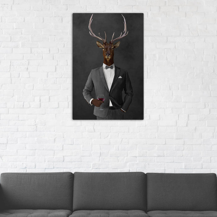 Elk Drinking Red Wine Wall Art - Gray Suit