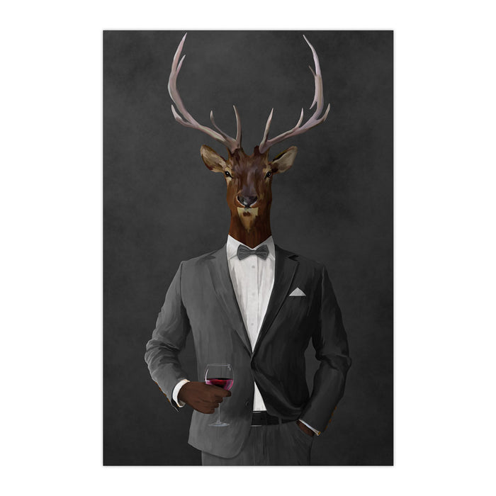 Elk drinking red wine wearing gray suit large wall art print