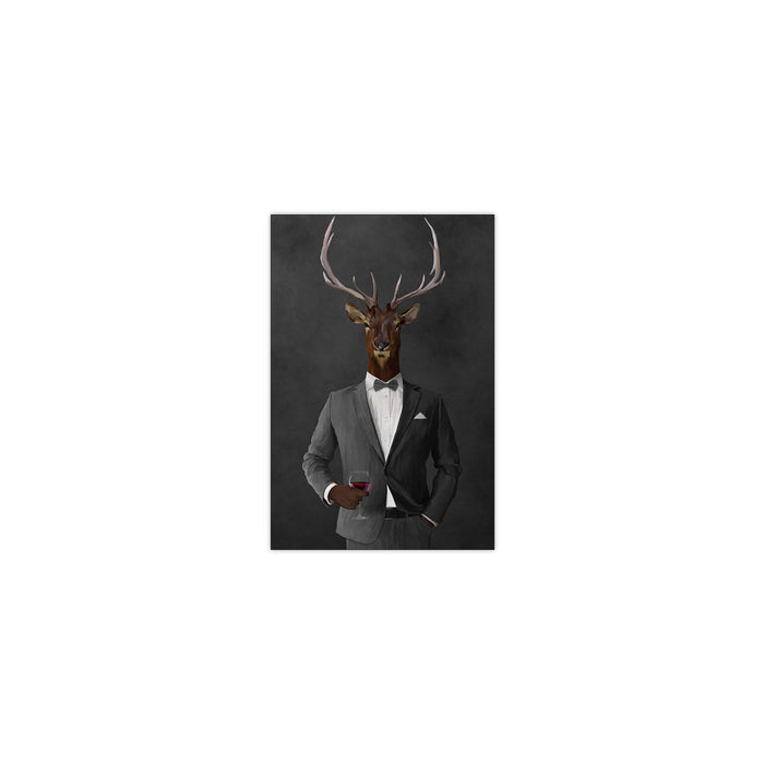 Elk drinking red wine wearing gray suit small wall art print