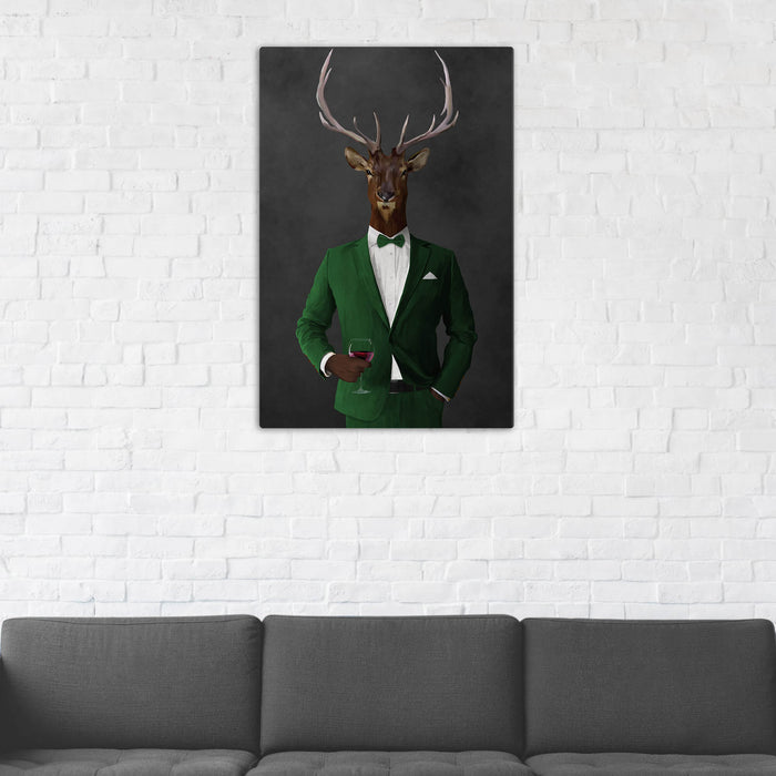 Elk Drinking Red Wine Wall Art - Green Suit