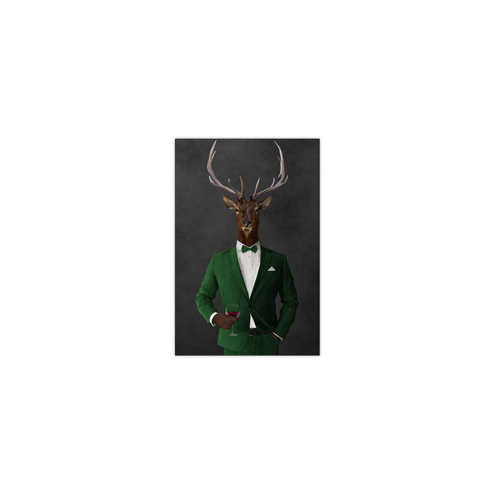 Elk drinking red wine wearing green suit small wall art print
