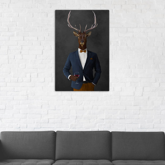 Elk Drinking Red Wine Wall Art - Navy and Orange Suit