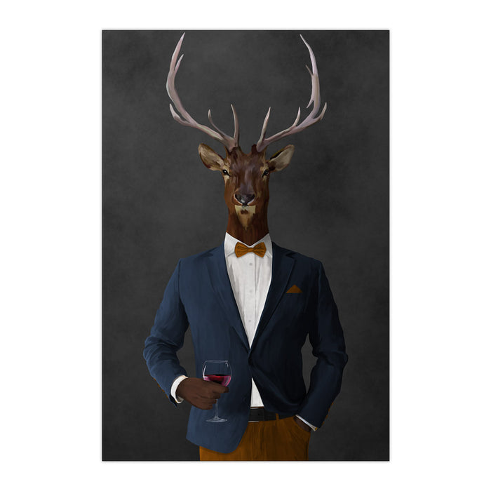 Elk drinking red wine wearing navy and orange suit large wall art print
