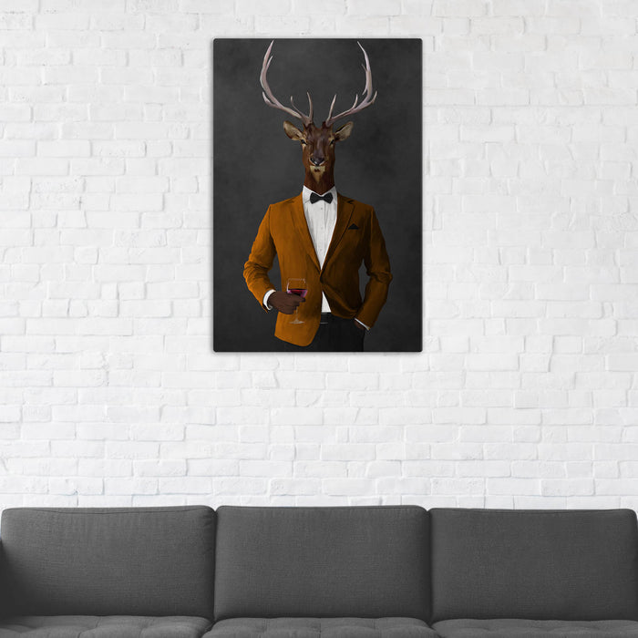 Elk Drinking Red Wine Wall Art - Orange and Black Suit