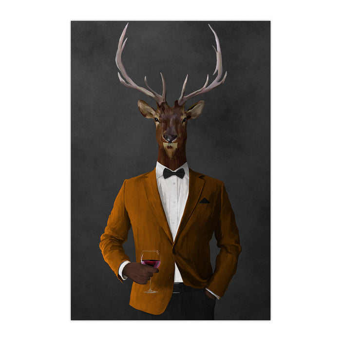 Elk drinking red wine wearing orange and black suit large wall art print