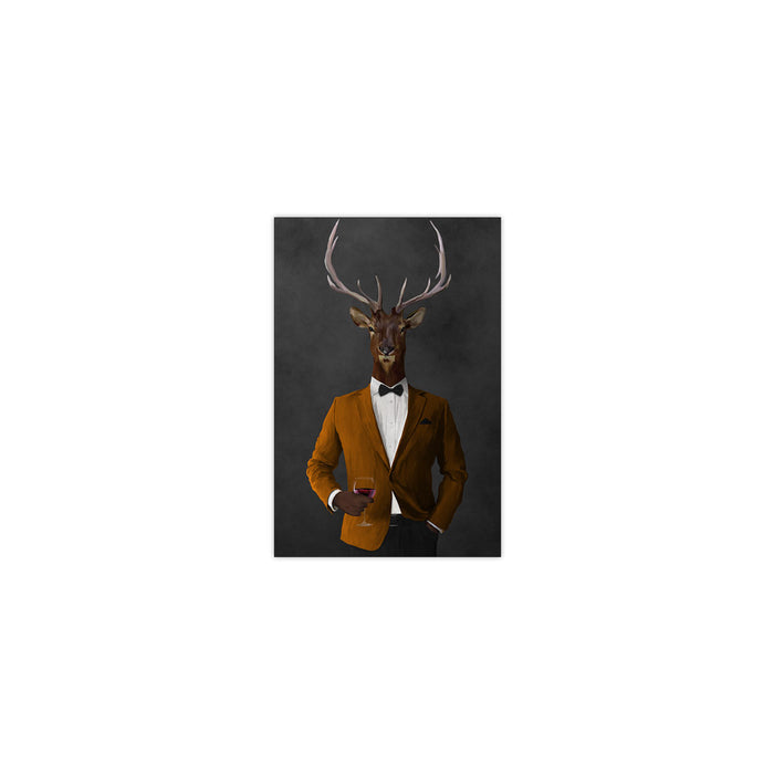Elk drinking red wine wearing orange and black suit small wall art print