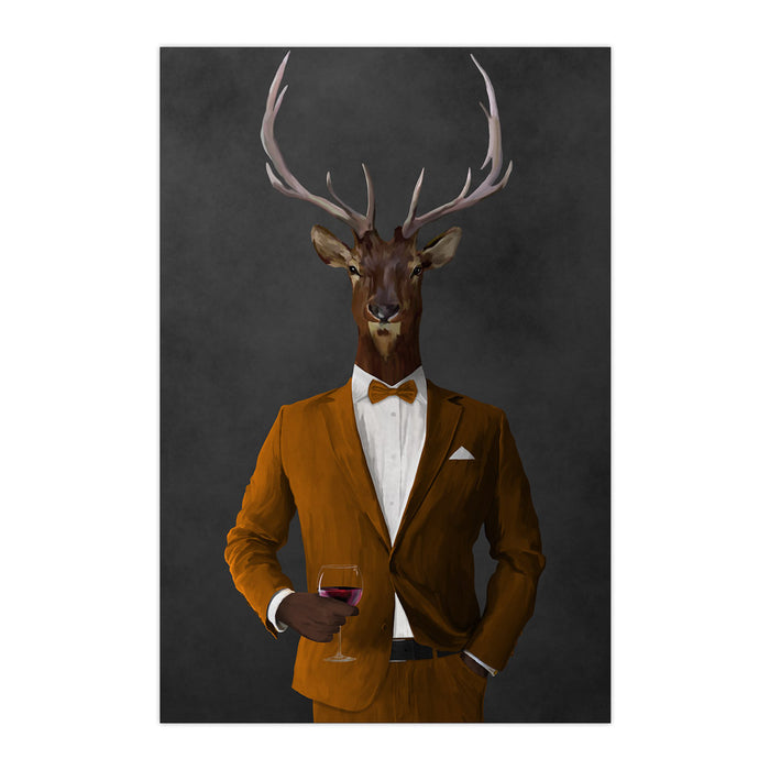 Elk drinking red wine wearing orange suit large wall art print