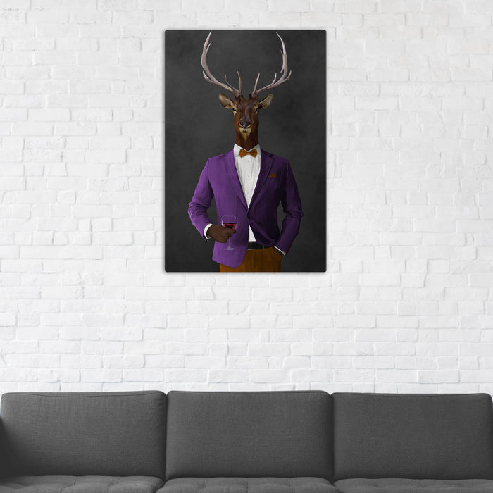 Elk Drinking Red Wine Wall Art - Purple and Orange Suit