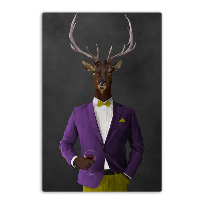Elk drinking red wine wearing purple and yellow suit canvas wall art