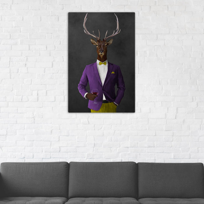 Elk Drinking Red Wine Wall Art - Purple and Yellow Suit