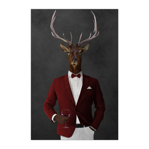 Elk drinking red wine wearing red and white suit large wall art print