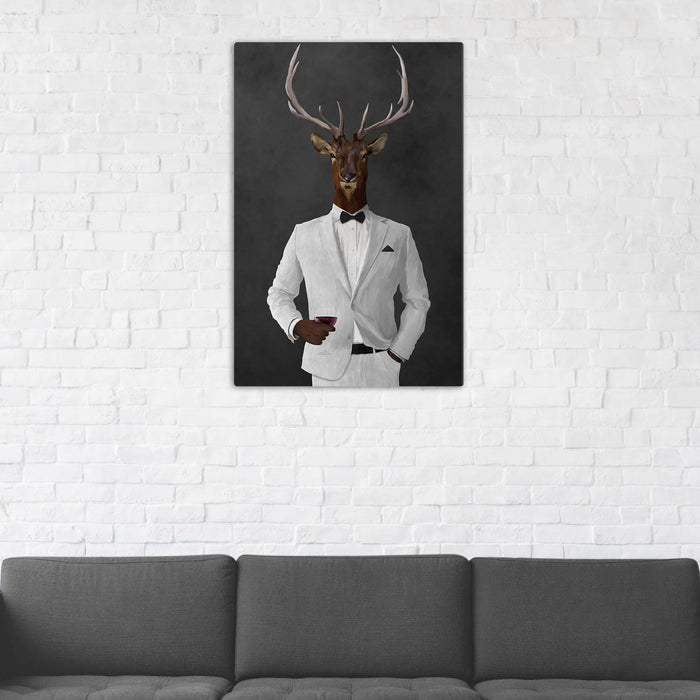 Elk Drinking Red Wine Wall Art - White Suit