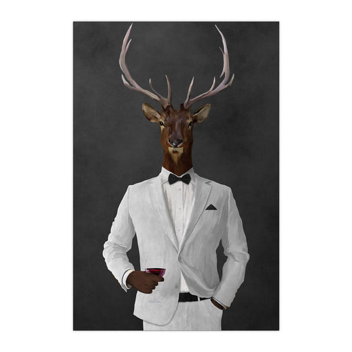 Elk drinking red wine wearing white suit large wall art print