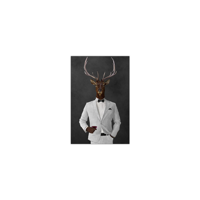 Elk drinking red wine wearing white suit small wall art print