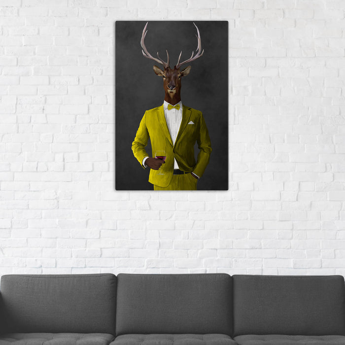 Elk Drinking Red Wine Wall Art - Yellow Suit