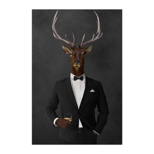 Elk drinking whiskey wearing black suit large wall art print