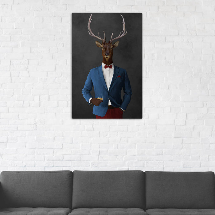 Elk Drinking Whiskey Wall Art - Blue and Red Suit