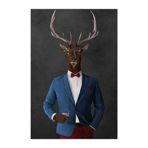 Elk drinking whiskey wearing blue and red suit large wall art print