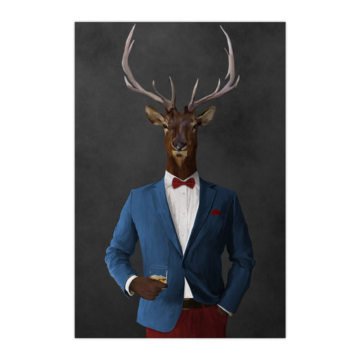Elk drinking whiskey wearing blue and red suit large wall art print