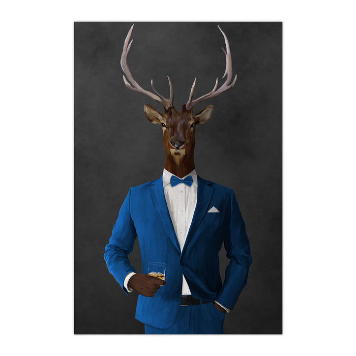 Elk drinking whiskey wearing blue suit large wall art print