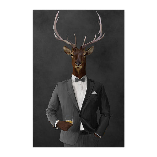 Elk drinking whiskey wearing gray suit large wall art print