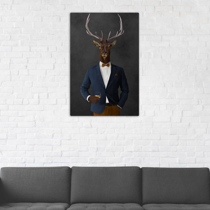 Elk Drinking Whiskey Wall Art - Navy and Orange Suit