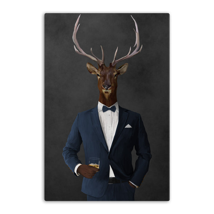 Elk drinking whiskey wearing navy suit canvas wall art
