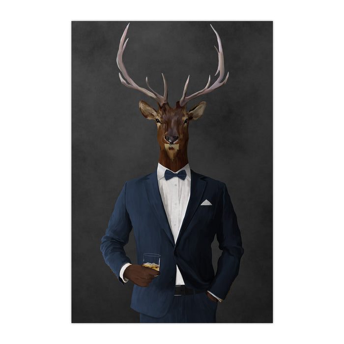 Elk drinking whiskey wearing navy suit large wall art print