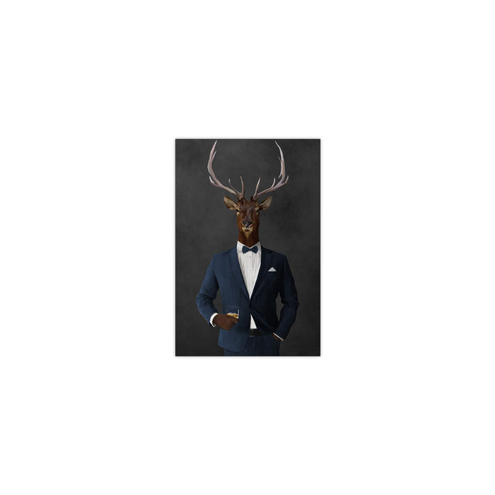 Elk drinking whiskey wearing navy suit small wall art print