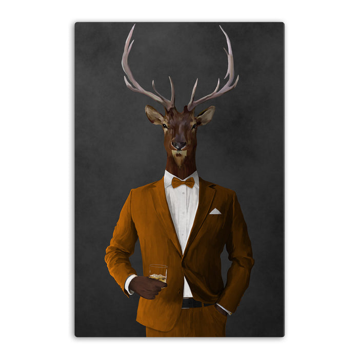 Elk drinking whiskey wearing orange suit canvas wall art