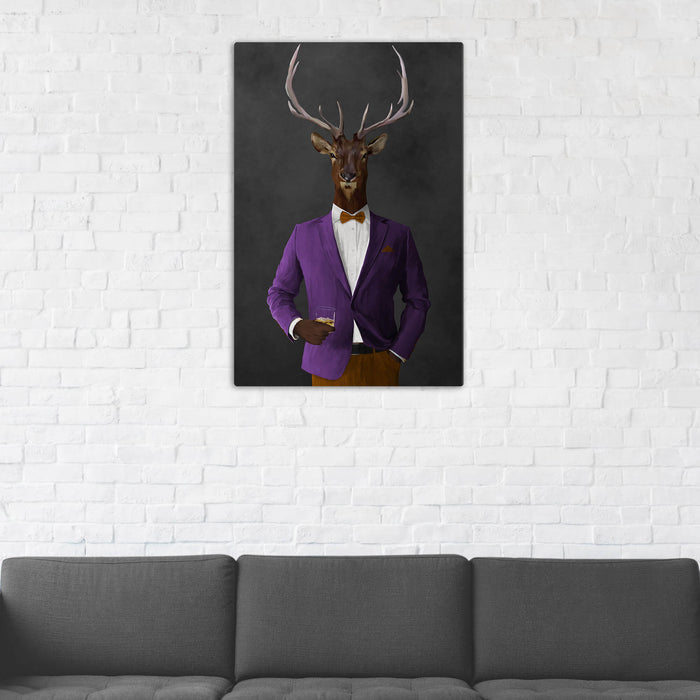 Elk Drinking Whiskey Wall Art - Purple and Orange Suit
