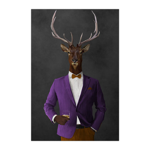 Elk drinking whiskey wearing purple and orange suit large wall art print