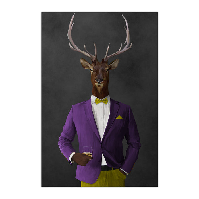 Elk drinking whiskey wearing purple and yellow suit large wall art print