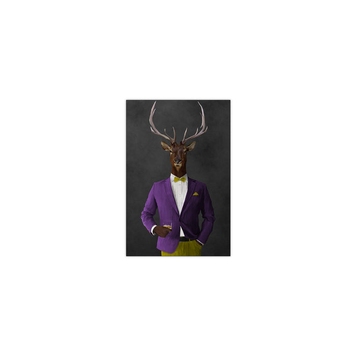 Elk drinking whiskey wearing purple and yellow suit small wall art print