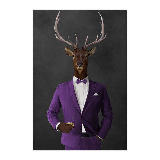 Elk drinking whiskey wearing purple suit large wall art print