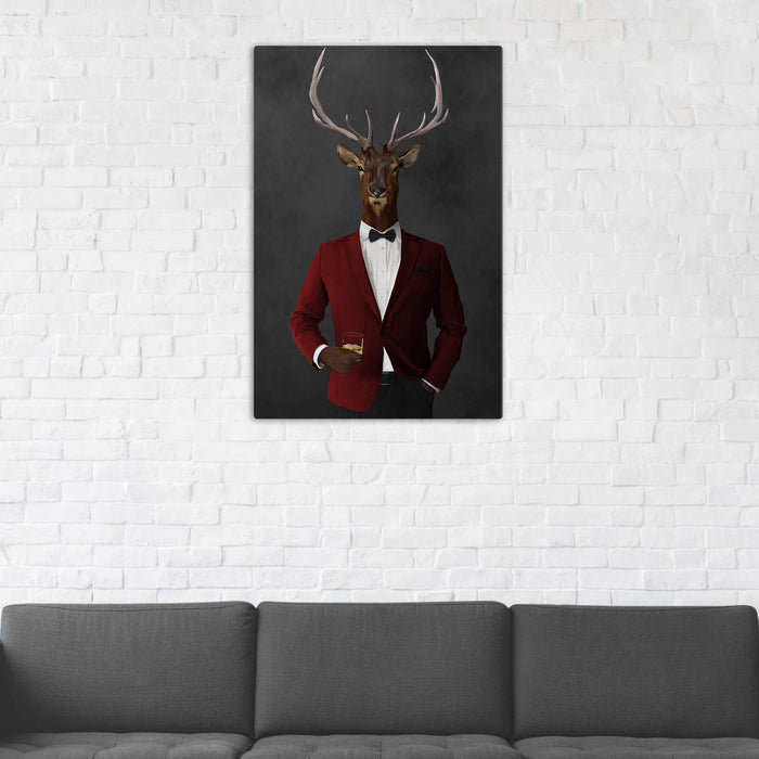 Elk Drinking Whiskey Wall Art - Red and Black Suit