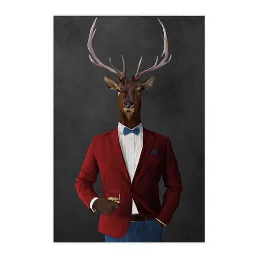 Elk drinking whiskey wearing red and blue suit large wall art print