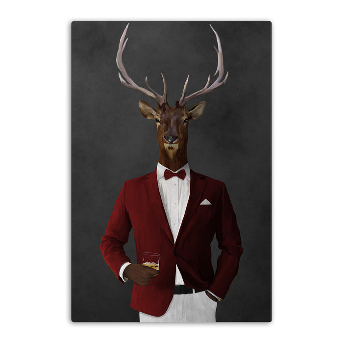 Elk drinking whiskey wearing red and white suit canvas wall art