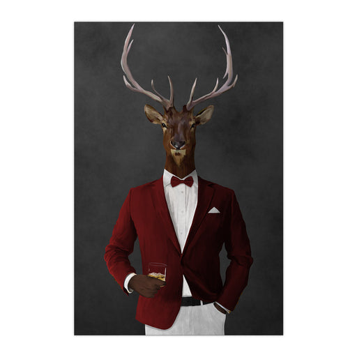 Elk drinking whiskey wearing red and white suit large wall art print