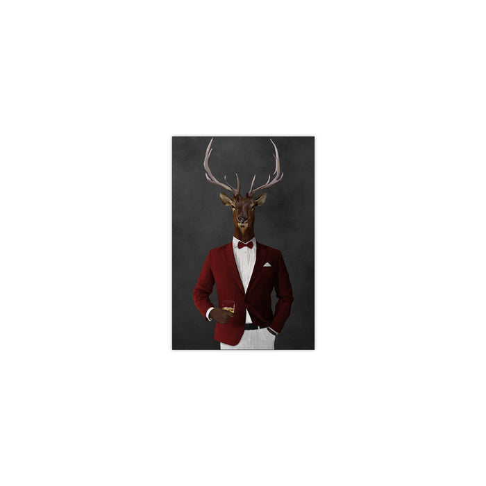 Elk drinking whiskey wearing red and white suit small wall art print